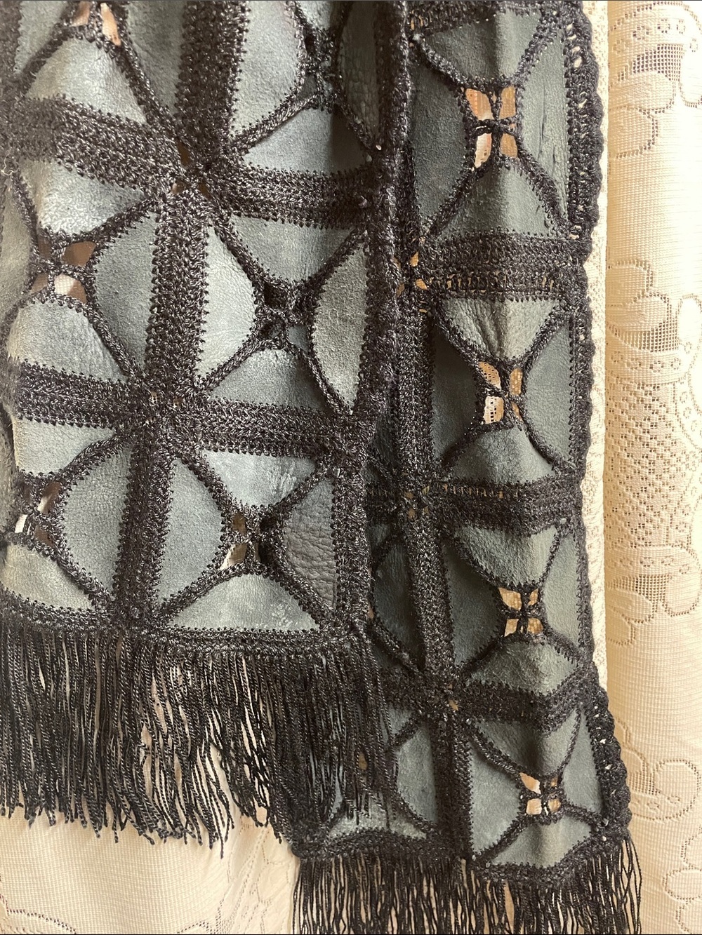 70’s Styled Leather Handcrafted Black Crochet Fringe Wrap Scarf - Picture 4 of 7